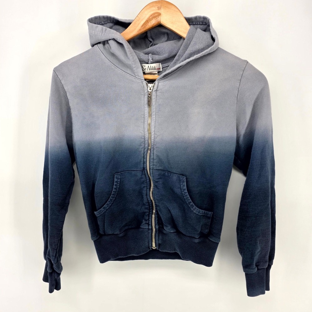 So Nikki Zip Up Hoodie Girls M 10/12 Blue Ombre Rhinestone Peace Sign Y2K Bling